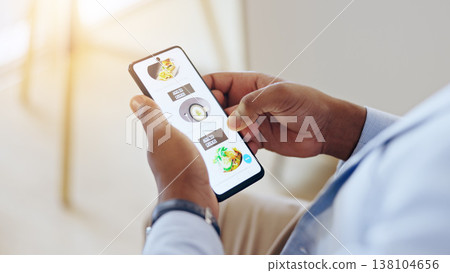 Hands, phone screen and food delivery from restaurant app for lunch in workplace with online shopping. Hungry person, smartphone and website ux for search, deal and discount with choice for order Hands, phone screen and food delivery from restaurant app for lunch in workplace with online shopping. Hungry person, smartphone and website ux for search, deal and discount with choice for order 138104656