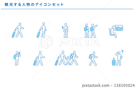Icon set of people sightseeing, travelers, tourists, travel, simple line art vectors 138105024