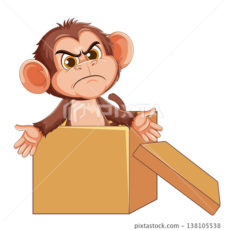 Angry Cartoon Monkey Sitting in Open Cardboard Box 138105538