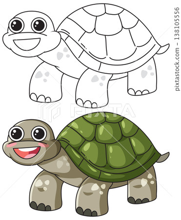 Cute Cartoon Turtle Illustration with Line Art and Colored Version Cute Cartoon Turtle Illustration with Line Art and Colored Version 138105556