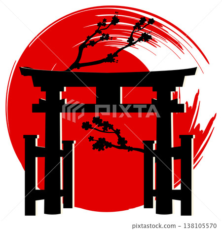Japanese Torii Gate with Cherry Blossoms and Red Sun 138105570