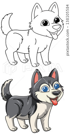 Cute Siberian Husky Puppy Cartoon Vector Illustration and Line Art 138105584