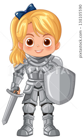 Blonde Girl in Shining Knight Armor Holding Sword and Shield 138105590
