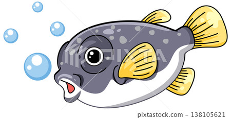 Cute Cartoon Pufferfish Vector Illustration with Bubbles on White Background Cute Cartoon Pufferfish Vector Illustration with Bubbles on White Background 138105621