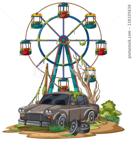 Abandoned Ferris Wheel and Rusty Car in Overgrown Park Abandoned Ferris Wheel and Rusty Car in Overgrown Park 138105638