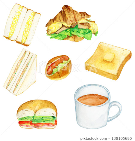 Hand-painted watercolor breakfast set: coffee and toast sandwich Hand-painted watercolor breakfast set: coffee and toast sandwich 138105690