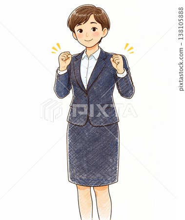 An illustration of a female businesswoman making a modest fist pump; a symbol of success. An illustration of a female businesswoman making a modest fist pump; a symbol of success. 138105888