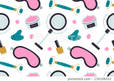 Skin care seamless pattern with sleep mask, cream, mirror, scraper, malachite roller, serum and cosmetics. Beauty routine and self care flat cartoon vector illustration 138106032