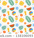 Summer seamless pattern with beach and tropical elements. Cute doodle vector background with sun, flowers, watermelon, cocktail and palm leaves. Playful colorful repeat illustration 138106093