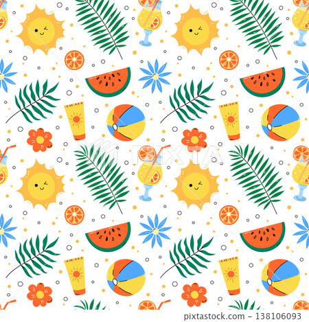 Summer seamless pattern with beach and tropical elements. Cute doodle vector background with sun, flowers, watermelon, cocktail and palm leaves. Playful colorful repeat illustration Summer seamless pattern with beach and tropical elements. Cute doodle vector background with sun, flowers, watermelon, cocktail and palm leaves. Playful colorful repeat illustration 138106093