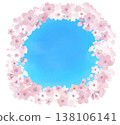 A circular frame featuring cherry blossoms in full bloom in spring against a blue sky. 138106141