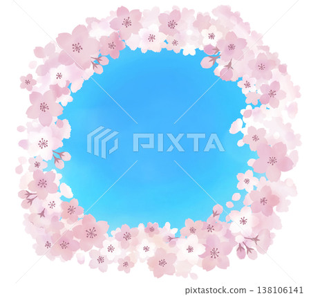 圓形畫框，畫面為春天盛開的櫻花，背景為藍天。 138106141
