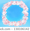 A circular wreath frame with a cherry blossom illustration and a blue sky. 138106142