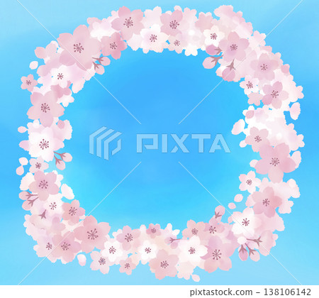 圓形花環框架，上面繪有櫻花圖案和藍天。 138106142