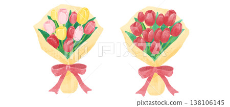 Illustration of a bouquet of tulips with a ribbon 138106145