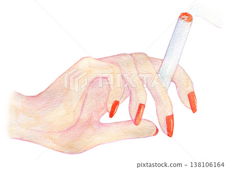 Watercolor illustration, hand-drawn illustration, woman holding a cigarette Watercolor illustration, hand-drawn illustration, woman holding a cigarette 138106164
