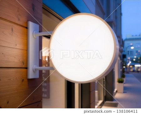 安裝在木牆上的圓形標誌牌模型。 138106411