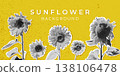 Sunflower background with black halftone flowers on mustard yellow backdrop. Retro botanical banner in collage style for poster, cover, branding, social media, seasonal design. Vector illustration 138106478