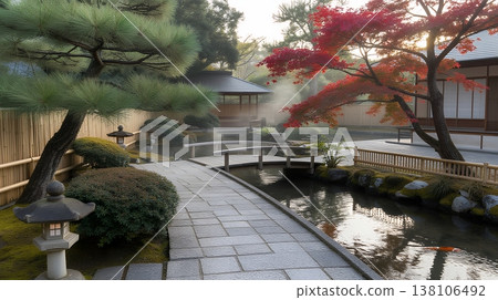 一個美麗的秋季日式花園，有色彩繽紛的樹葉、池塘和木橋。 138106492