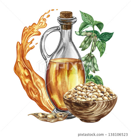 Soybean oil. Hand-drawn watercolor illustration. Beautiful composition of soybean oil and soybeans. For menus, recipes, and cookbooks. For banners, packaging, labels, and more. Soybean oil. Hand-drawn watercolor illustration. Beautiful composition of soybean oil and soybeans. For menus, recipes, and cookbooks. For banners, packaging, labels, and more. 138106523