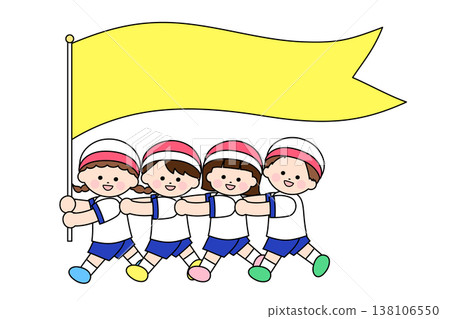 Energetic children raising flags and cheering | Image illustration for a school sports day Energetic children raising flags and cheering | Image illustration for a school sports day 138106550