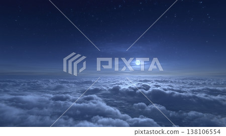 The moon and a sky full of stars spread above the sea of clouds. 138106554