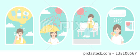 Set of 4 mint-colored heatstroke prevention frame illustrations with gentle summer themes and people. 138106567