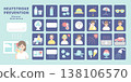 28-piece flat icon set for heatstroke prevention, featuring colored figures, perfect for summer. 138106570