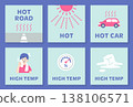 A set of 6 heatstroke warning icons, including those for high temperatures inside cars and high temperatures on roads, in a pastel color scheme and square design. 138106571