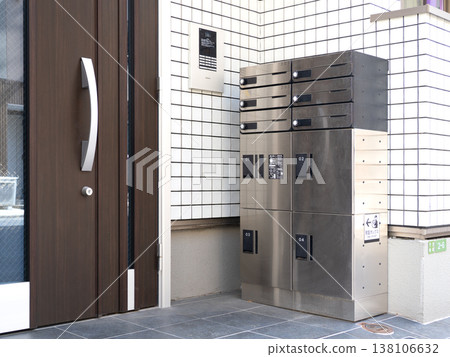 Apartment building with a shared mailbox with parcel delivery boxes. Apartment building with a shared mailbox with parcel delivery boxes. 138106632