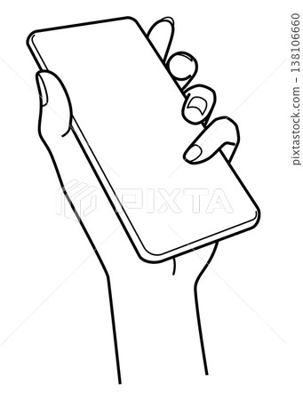手部表現：一手拿著智慧型手機；單色線畫；向量圖。 138106660