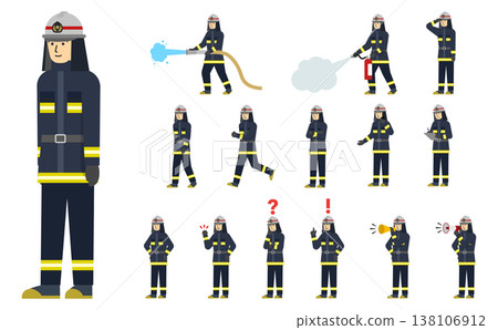 平面插畫:一群穿著黑色消防服的消防員(有臉部表情) 平面插畫:一群穿著黑色消防服的消防員(有臉部表情) 138106912