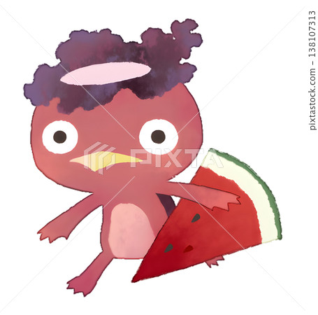 Watercolor-style illustration of a kappa (watermelon-like creature) holding a watermelon (transparent PNG). 138107313