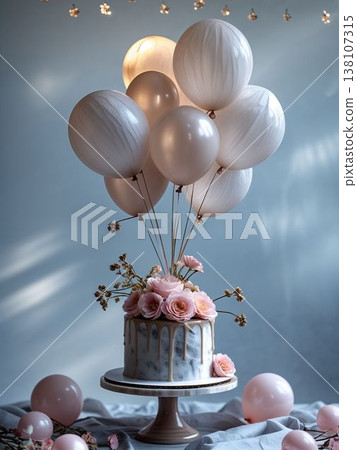 Still life of blue sugar stones; balloon cake holding a rose 138107315