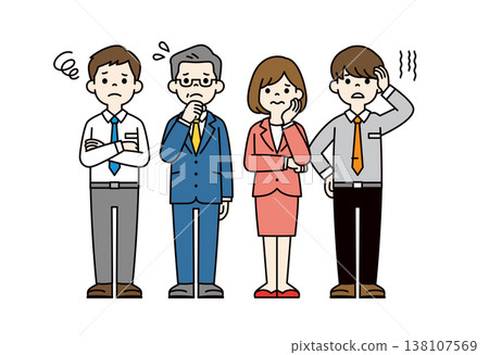 A set of full-body vector illustrations of company presidents, male employees, and female employees in poses of worry, concern, or contemplation. A set of full-body vector illustrations of company presidents, male employees, and female employees in poses of worry, concern, or contemplation. 138107569