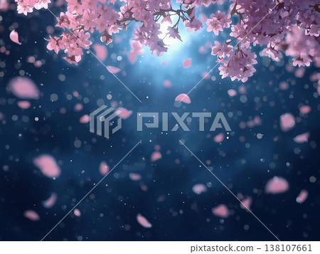A fantastical scene of cherry blossoms illuminated by moonlight. 138107661