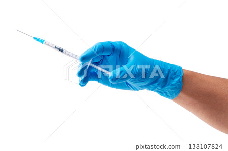 畫面中一名戴著藍色醫用手套的人手持注射器。 畫面中一名戴著藍色醫用手套的人手持注射器。 138107824