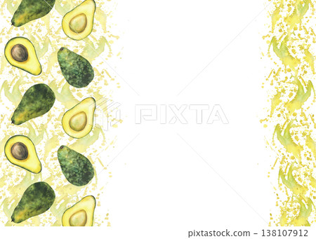 Avocado rectangular frame on watercolor splashes and stains green yellow background. Whole and cut fruit half with and without seed. Hand drawn isolated illustration template for cosmetic, food card. Avocado rectangular frame on watercolor splashes and stains green yellow background. Whole and cut fruit half with and without seed. Hand drawn isolated illustration template for cosmetic, food card. 138107912
