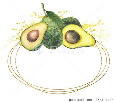 Avocado whole and cut halves fruit with seed with green leaves on watercolor splashes stains an golden oval frame. Hand painted illustration isolated from background for label design, packaging, card Avocado whole and cut halves fruit with seed with green leaves on watercolor splashes stains an golden oval frame. Hand painted illustration isolated from background for label design, packaging, card 138107922
