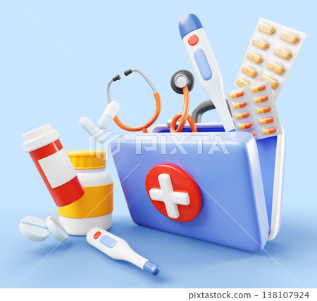 First aid box with drugs, open medicine chest with stethoscope, thermometer, pill bottles, tablets, capsules in foil blister pack on blue. Emergency medical kit, ambulance doctor bag. 3D illustration 138107924