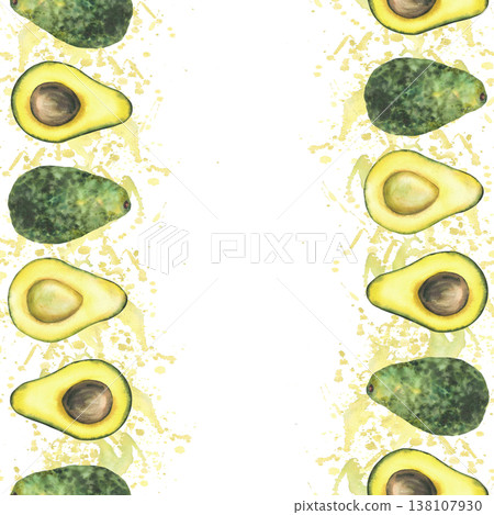 Avocado seamless border frame on watercolor splashes and stains green yellow background. Whole and cut fruit half with and without seed. Hand drawn isolated illustration for cosmetic, food packaging Avocado seamless border frame on watercolor splashes and stains green yellow background. Whole and cut fruit half with and without seed. Hand drawn isolated illustration for cosmetic, food packaging 138107930