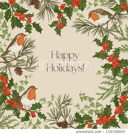 Christmas card with birds. Colorful. Christmas card with birds. Colorful. 138108003