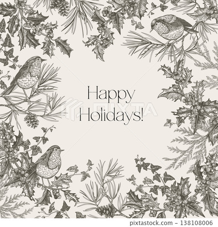 Holiday card with robins, holly, pine, ivy Holiday card with robins, holly, pine, ivy 138108006