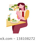 A woman enjoying matcha sweets alone at a coffee shop: Matcha cake set 138108272