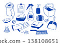 Set of hand drawn cleaning supplies and tools including gloves, spray bottle, sponge, gloves and bucket. Perfect for hygiene, household organization, cleaning tips. Vector doodle illustration. 138108651