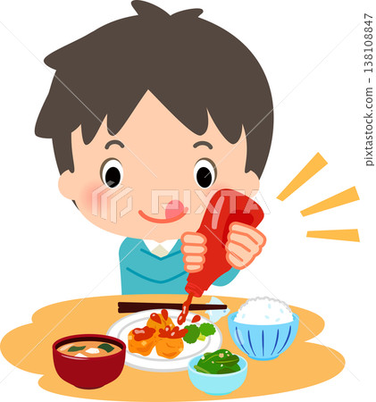 一名男子在食物上放了大量的番茄醬。 一名男子在食物上放了大量的番茄醬。 138108847