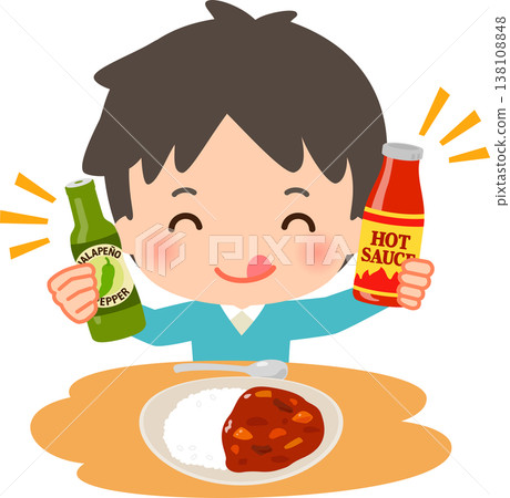 一名男子正在吃咖哩飯,配上辣醬。 一名男子正在吃咖哩飯,配上辣醬。 138108848