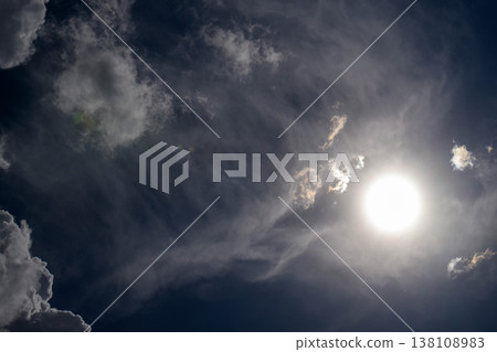 Radiant sun peeks through drifting clouds over a moody sky 138108983