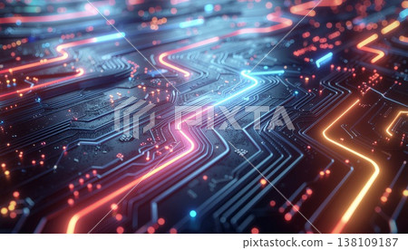 Neon-emitting circuit board wiring cyber texture 138109187