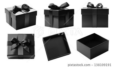 Set of black gift present square box with bow ribbon on transparent cutout PNG file. Mockup template for artwork. open close top side flat lay view positions many different angle Set of black gift present square box with bow ribbon on transparent cutout PNG file. Mockup template for artwork. open close top side flat lay view positions many different angle 138109191